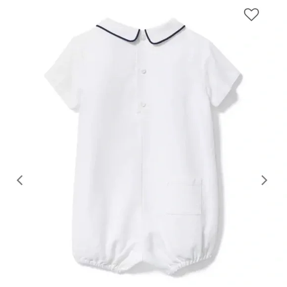 Linen/cotton White Baby Romper with navy Trim - Picture 2 of 6